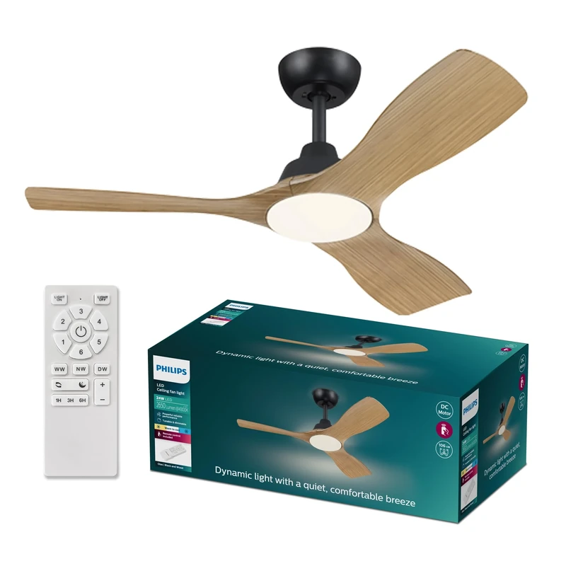 Philips Olas Ceiling Fan, 3 Blades, 24W LED Light, DC Motor, Color Temperature Range (3000K-4300K-6500K) with Dimmable Function, Remote Included, 42", Black and Wood
