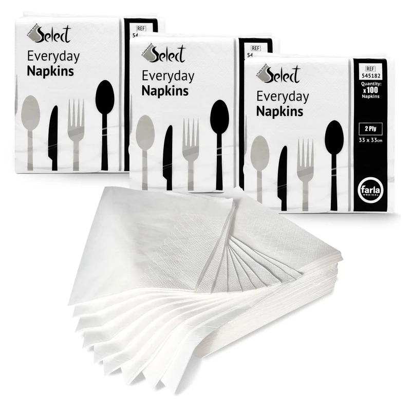 Select White Paper Napkins - 3 x 100 Packs 2-Ply Disposable Table Napkins - Soft and Strong Paper Serviettes for All Occasions - Everyday Tissues for Cleaning Spills Wiping Surfaces Personal Hygiene