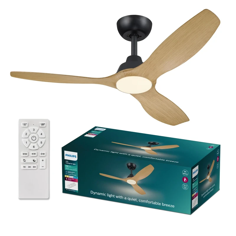 Philips Olas Ceiling Fan, 3 Blades, 24W LED Light, DC Motor, Color Temperature Range (3000K-4300K-6500K) with Dimmable Function, Remote Included, 52", Black and Wood