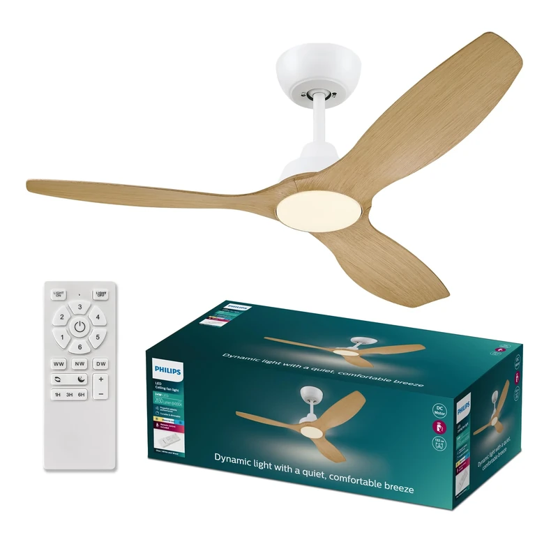 Philips Olas Ceiling Fan, 3 Blades, 24W LED Light, DC Motor, Color Temperature Range (3000K-4300K-6500K) with Dimmable Function, Remote Included, 52", white and wood