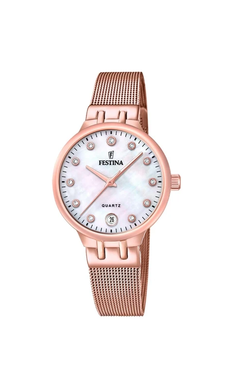 Festina Ladies Rose Gold PVD-Plated Watch with Zirconia Sets and Mesh Bracelet F20716/1
