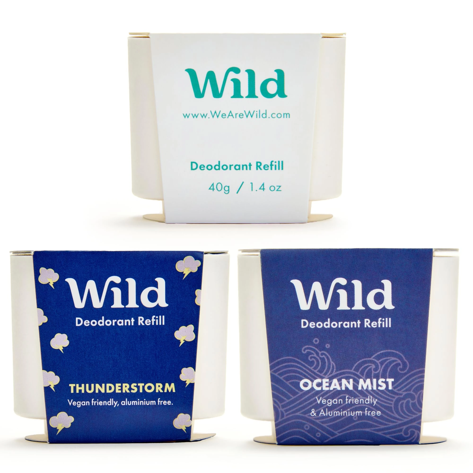Wild - Natural Refillable Deodorant Variety Pack with Clean Fresh Scents - Aluminium Free - Scents Include Fresh Cotton & Sea Salt, Ocean Mist & Thunderstorm - Long Lasting Protection