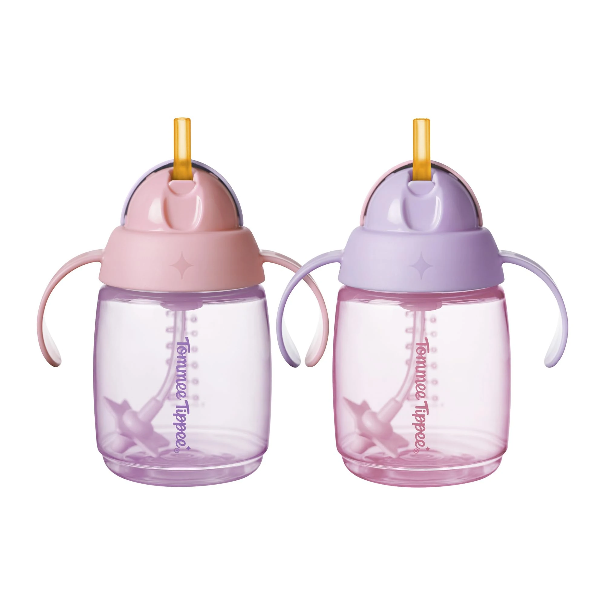 Tommee Tippee Trainer Straw Cup, 240ml, Easy Transition Toddler Cup for 6 Months+, with Silicone Weighted Straw and Easy-Hold Handles, Pink and Purple, 2 Pack