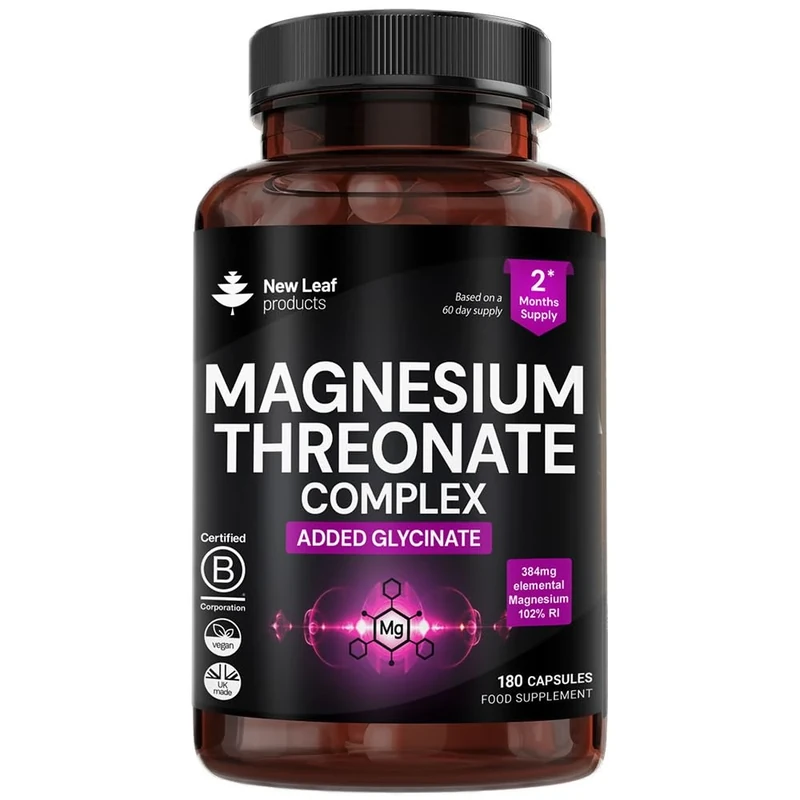 Magnesium Threonate Complex - High Strength 2550mg Magnesiums Supplements - Added Magnesium Glycinate, 180 Vegan Capsules - L-Threonate UK Made by New Leaf (3 Per Serving)