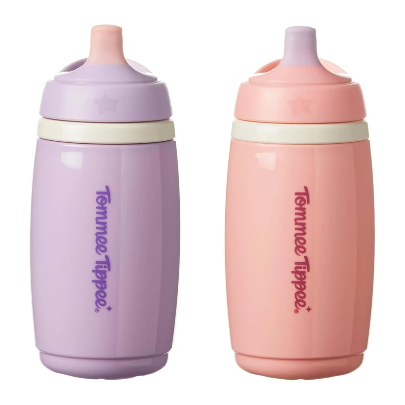 Tommee Tippee Insulated Active Spout Cup, 266ml, Non-Spill Water Bottle for Toddlers 12 Months+, Insulated to Help Keep Their Drinks Cool, Pink and Purple, 2 Pack