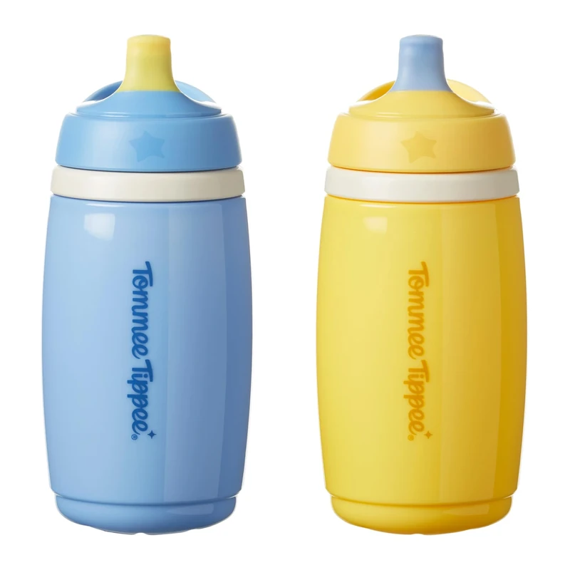 Tommee Tippee Insulated Active Spout Cup, 266ml, Non-Spill Water Bottle for Toddlers 12 Months+, Insulated to Help Keep Their Drinks Cool, Blue and Yellow, 2 Pack