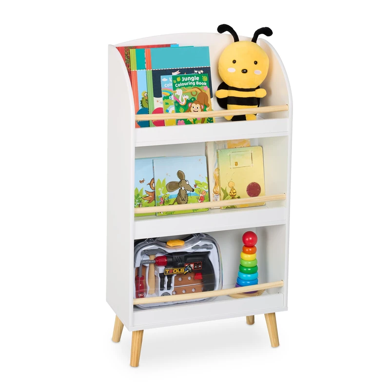 Relaxdays Shildren’s Bookshelf, HWD: 95.5 x 50 x 24 cm, 3 Open Storage Shelves for Books, Kids' Bookcase, White/Brown, Wood, Fibreboard