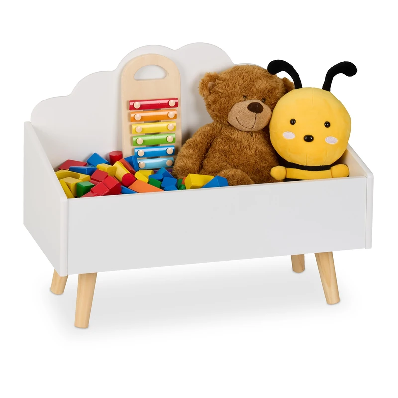 Relaxdays Children's Toy Chest, Cloud Design, HxWxD: 45x58x28 cm, MDF, for Books & Games, Open Storage Box, White/Brown