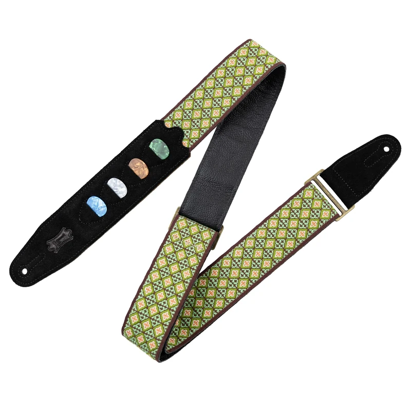 Levy's Leathers Original Hootenanny Series Guitar Strap with Pick Holder | Jacquard Weave | Width 5 cm | Colour Green | (M8HTVPH-25)