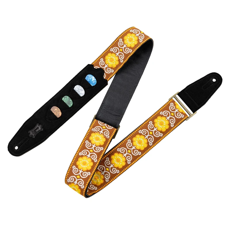 Levy's Leathers Original Hootenanny Series Guitar Strap with Pick Holder | Jacquard Weave | Width 5 cm | Colour Yellow | (M8HTVPH-27)