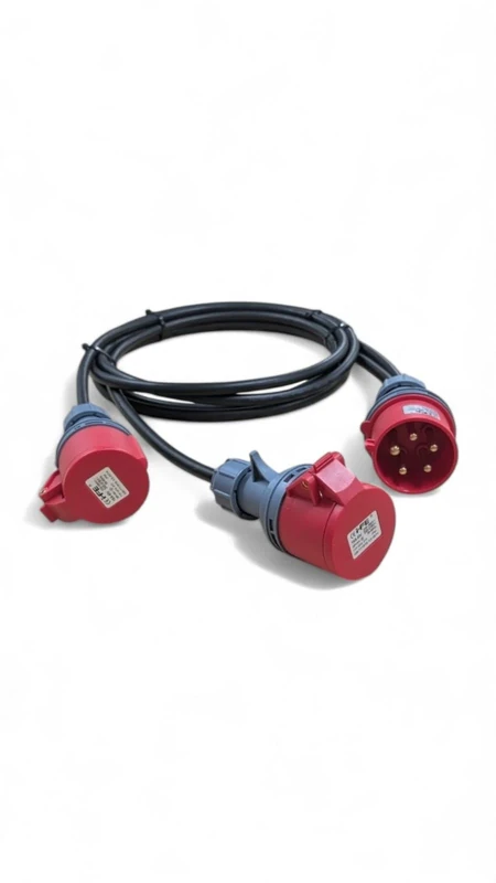 3 Phase Splitter 32A 5 Pin 415V To 2 x 16A 5 Pin Sockets – 3m IEC 60309 3P+N+E Red – H07RN-F Heavy Duty Flexible Rubber Cable – IP44 (3 Metre)