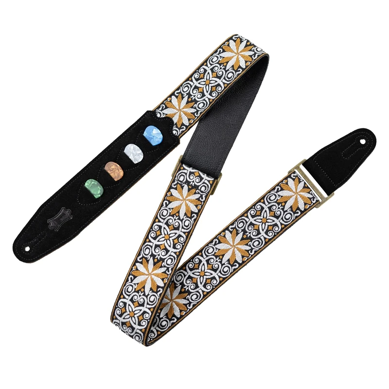 Levy's Leathers Vintage Hootenanny Series Guitar Strap with Pick Holder | Jacquard Weave | Width 5 cm | Colour Yellow | (M8HTVPH-13)