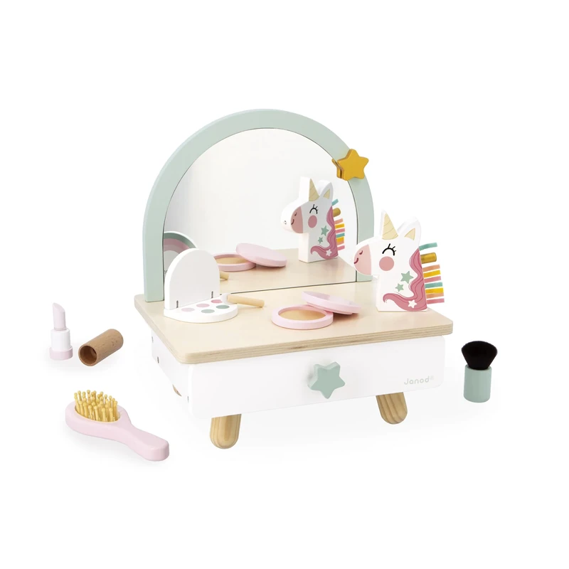 Janod - Wooden Beauty Dressing Table for Children - Drawer, Mirror and 7 Accessories - Unicorn Theme - Height 33cm - Dummy Make-up - From 3 Years - J06463, Mint Green