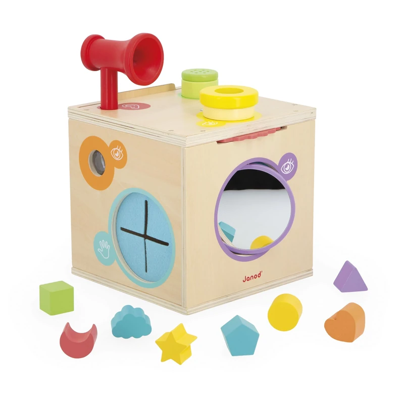Janod - Motricity and Manipulation Cube - Sensory Awakening Game - Sensory Box - Activity Cube - 12 Accessories - Learning Shapes and Colours - Awakening the Senses - From 18 Months - J05307