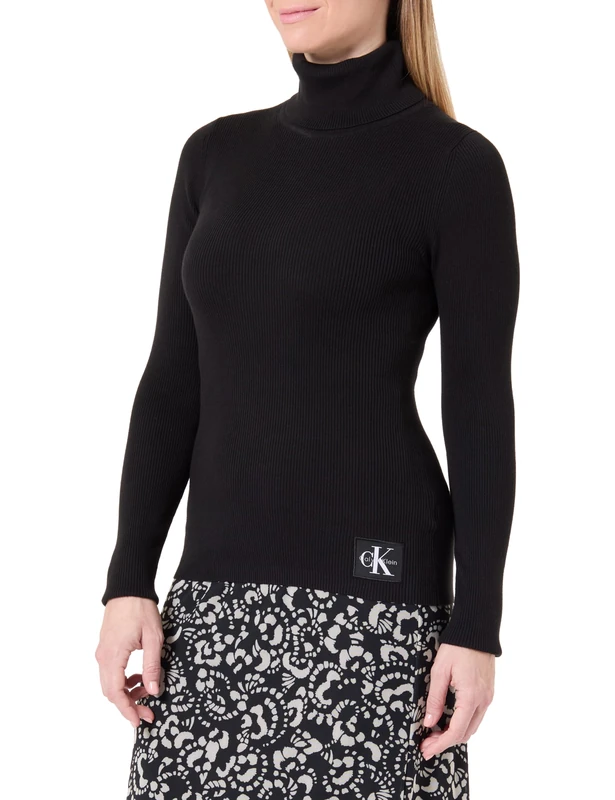 CK JEANS Women's Woven Label ROLL Neck LV047D350G Sweaters, Black (Black), S - Image 1