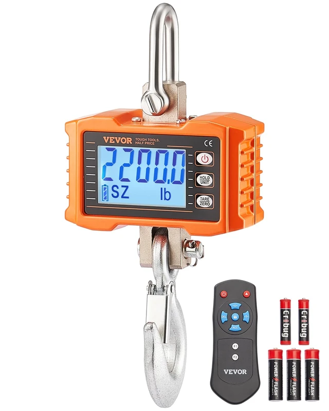 VEVOR Industrial Hanging Scale 2200lb 1000kg Heavy Duty Digital Crane Scale with Remote Control Cast Aluminium Housing High Precision LCD Screen for Factory Construction Farm Hunting, Orange