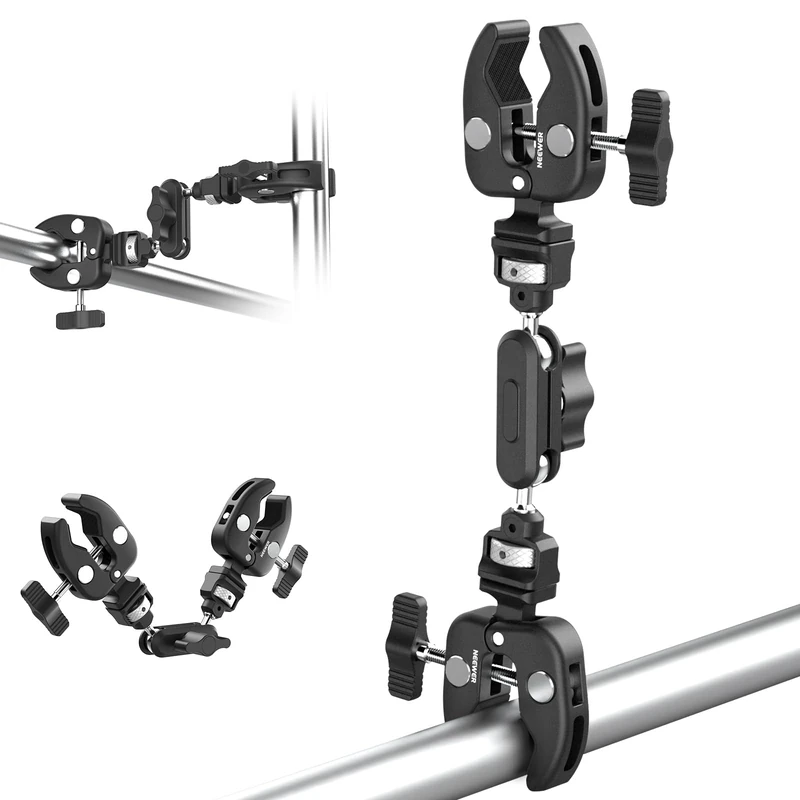 NEEWER Double Super Clamp Camera Mount with Magic Arm, NATO Interface, Cold Shoes, 1/4" Locating Holes for ARRI, Desk Studio Photography Light Stand Pole Cross Bar Umbrella Holder Clamp Mount, UA060
