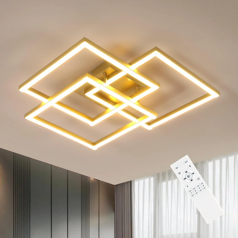 DELIPOP LED Ceiling Light Dimmable, 40W 4500LM 3 Square Gold Ceiling Lights with Remote Control, Modern LED Chandelier Ceiling Lamp for Living Dining Room Bedroom Kitchen Office