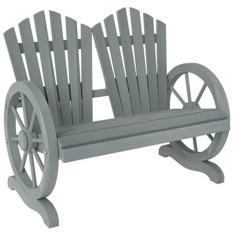 Outsunny 2 Seater Garden Bench, Comfortable Fir Wood Love Chair with Wagon Wheel-Shaped Armrests, Outdoor Adirondack Wooden Loveseats, Grey