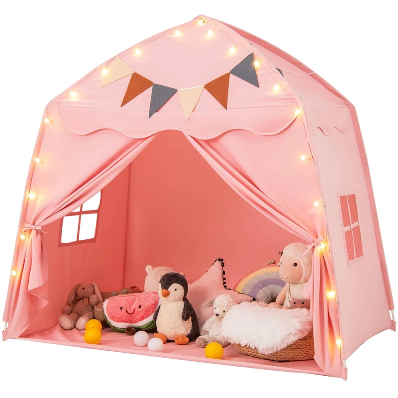 GYMAX Large Kids Tent, Toddler Play Tent with Flags and Globe String Lights, Outdoor Indoor Children Playhouse for 3-12 Years Old, 157x98x148cm (Pink)