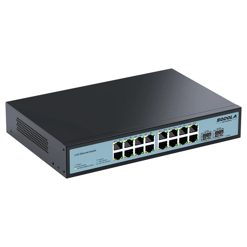 SODOLA 18 Port 2.5Gb Unmanaged Ethernet Switch, 16x 2.5G Base-T Ports, 2x 10G SFP+, 120Gbps Switching Capacity, Plug & Play, Fanless, 1U Rack Mounting, Multi-Gig Network Switch for SOHO/Homelab