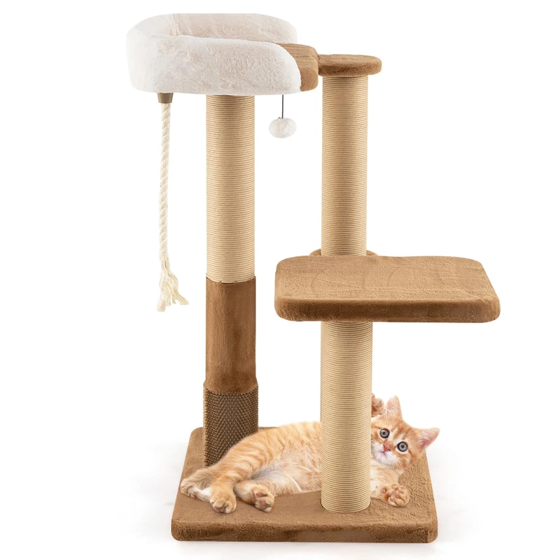 GYMAX Cat Tree, 112cm Tall Multi-level Cat Tower with Scratching Posts, Self-groomer Brush, Top Perch, Dangling Ball, Sisal Rope