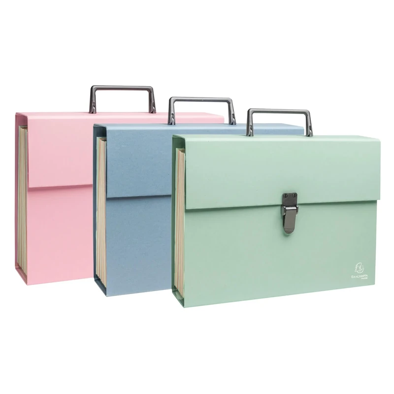Exacompta - Ref. 56339E - Box of 4 Suitcase sorters with Autentik Handle - Reinforced Multi-Coloured Gussets - Clip Button Closure - 18 compartments - Size 32x24cm - 3 Assorted Colours