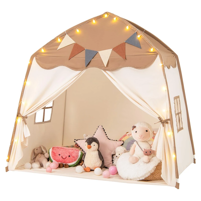 GYMAX Large Kids Tent, Toddler Play Tent with Flags and Globe String Lights, Outdoor Indoor Children Playhouse for 3-12 Years Old, 157x98x148cm (Beige + Coffee)