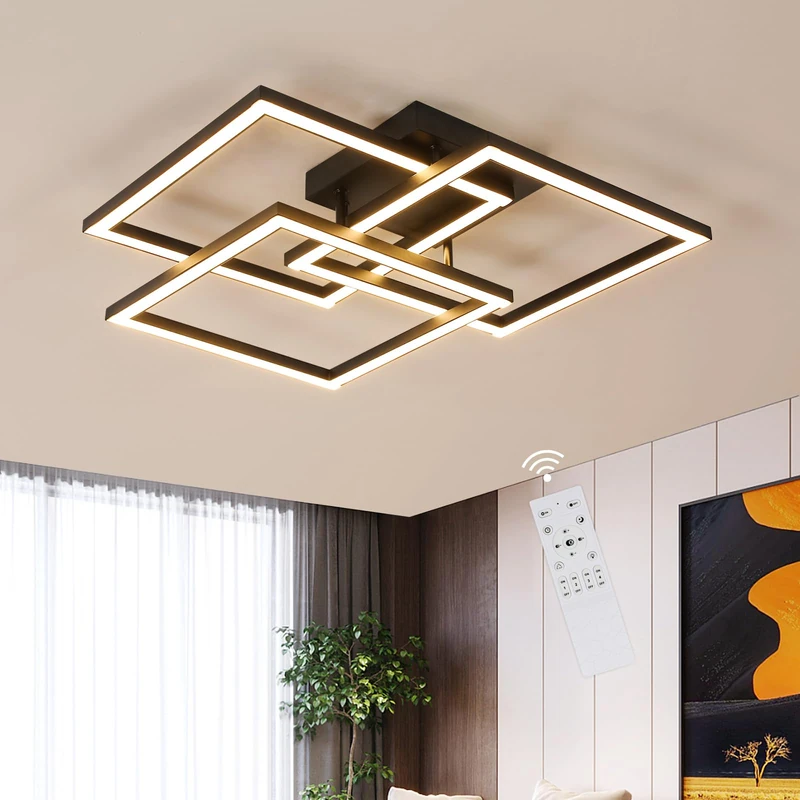 DELIPOP Dimmable LED Ceiling Light, 40W 4500LM Ceiling Lamp with Remote Control 3000K-6500K, Memory Function, Square Modern Chandelier for Living Room, Bedroom, Kitchen, Black