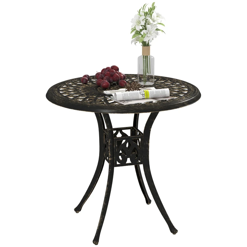 Outsunny 78 cm Round Garden Dining Table with Parasol Hole Antique Cast Aluminium Outdoor Table Only, Bronze Tone - Image 1