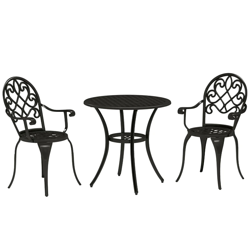 Outsunny 3 Piece Patio Bistro Set for 2, Outdoor Aluminium Garden Table and Chairs with Adjustable Footpads for Balcony, Garden and Patio, Black
