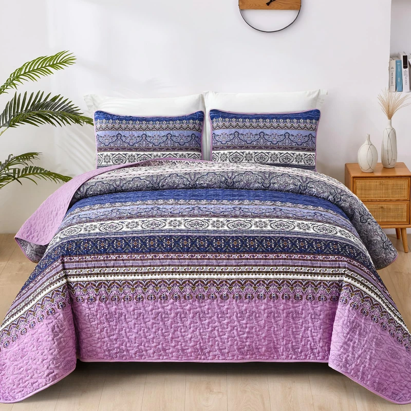 WONGS BEDDING Boho Queen Quilt Set, Purple Bohemian Quilt Bedding Set, Lightweight Bed Decor Bedspread for All Season Reversible Microfiber Coverlet Bedding Set 96"x90"(3 Pieces)