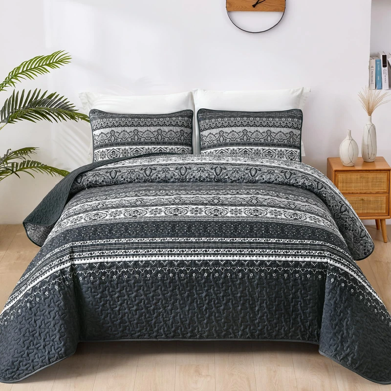 WONGS BEDDING Boho King Quilt Set - 110x90 Black Reversible