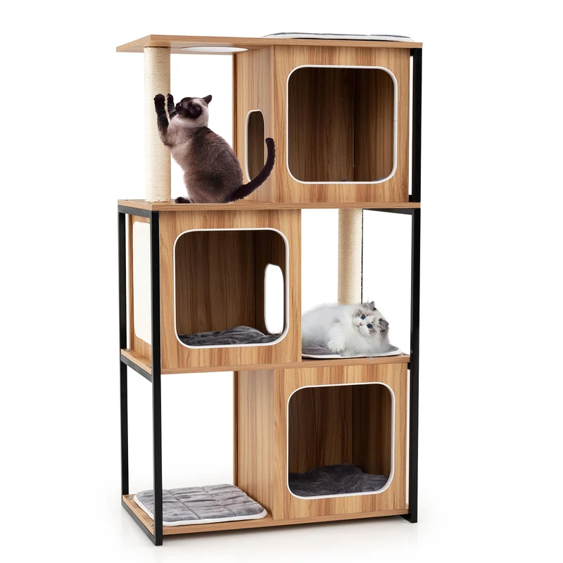 GYMAX Modern Cat Tree, 133cm Tall Cat Tower with Wooden Condo, Scratching Posts & Sisal Board and Removable Cushions, Metal Frame Multi-level Pet Play Center