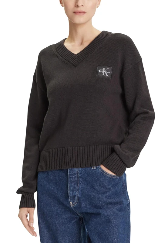 CK JEANS Women's CK Embro Badge V-Neck Sweater LV047D352G, Black (Black), M