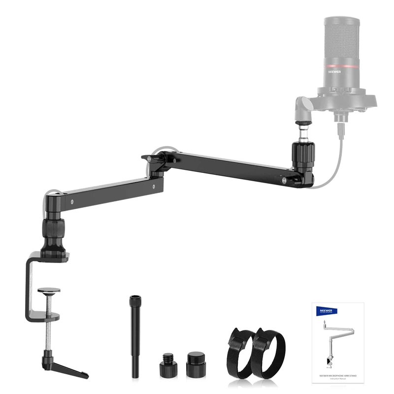 NEEWER Low Profile Mic Arm Desk Stand Mount with Damping, 360° Swivel Articulating Boom Arms with Heighten Pole & Cable Management Channels for Microphone Podcast Gaming Streaming Zoom Calls, MST002