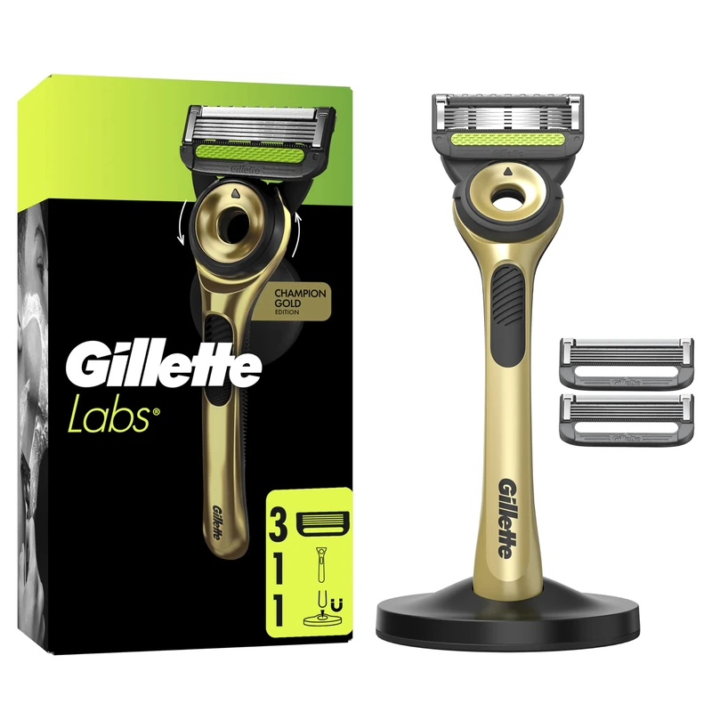 GilletteLabs With Exfoliating Bar, Razor For Men Champion Gold Edition, 1 Handle - 3 Blades, Includes Premium Magnetic Stand