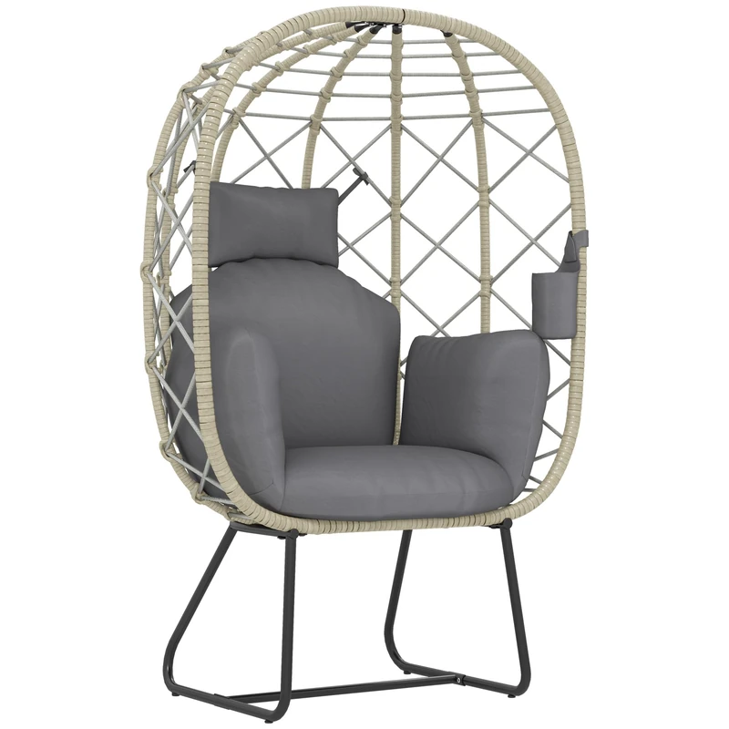 Outsunny Rattan Egg Chair Indoor Outdoor with Thickened Cushion and Headrest, Standing Garden Design with Cup Holder, Metal Frame for Patio, Balcony, Grey - Image 1