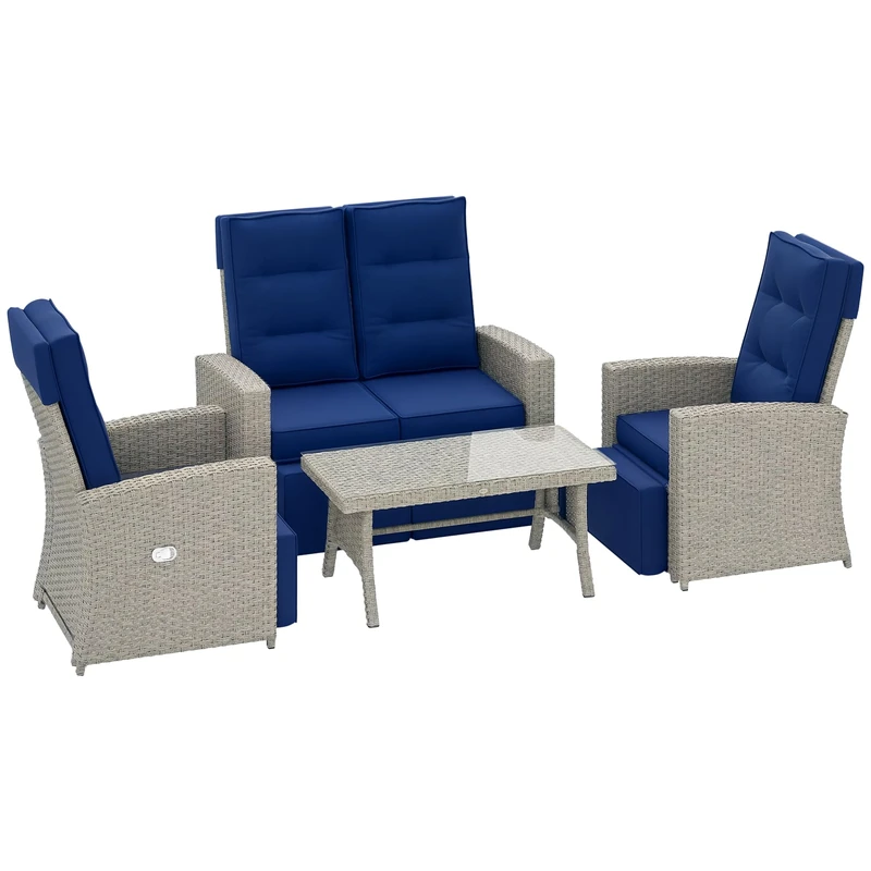 Outsunny 4 Piece Rattan Garden Furniture Set with Adjustable Backrest, Wicker Outdoor Furniture Sofa Set with Loveseat, Reclining Armchairs, Thickened Cushions and Glass Top Table, Navy Blue