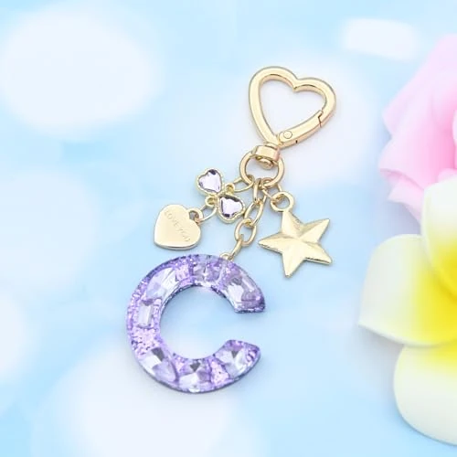 Purple Initial Letter Keychains Cute Bling Keychain Heart Star Keyring for Women Gift for Girls Bag Cup Charms Accessories, Purple Letter-c, Standard