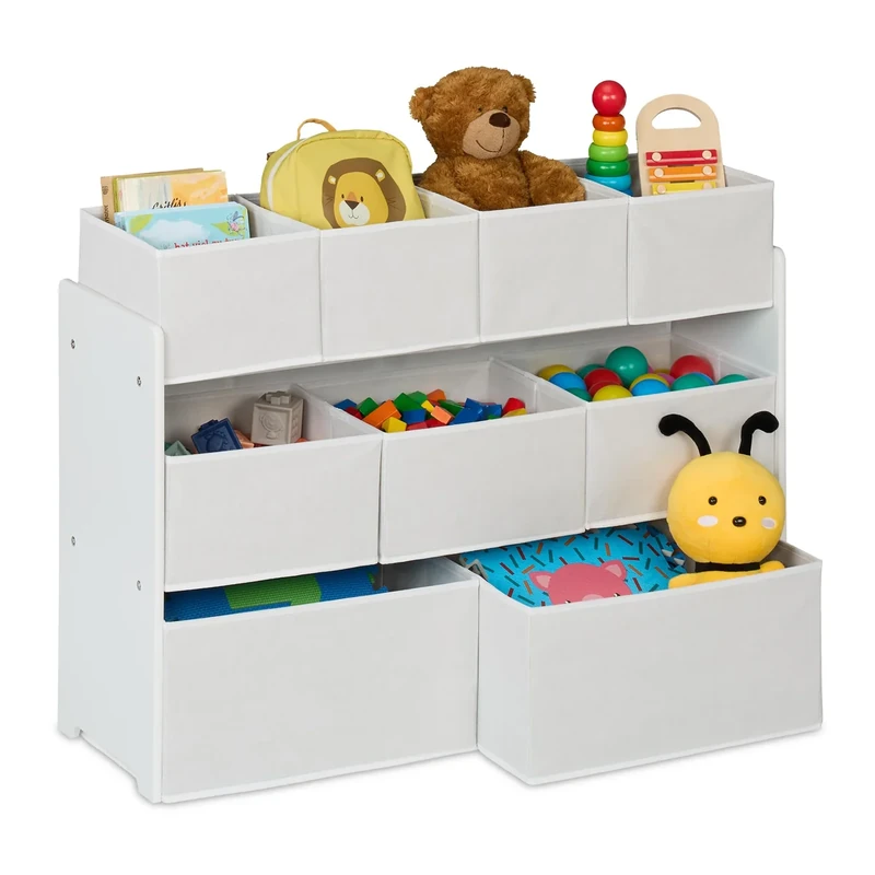 Relaxdays Children's Storage Unit, 9 Fabric Boxes, 60 x 92 x 30 cm, Toy Organiser Shelf, Kids Room & Playroom, White, Fleece, Steel, Fibreboard
