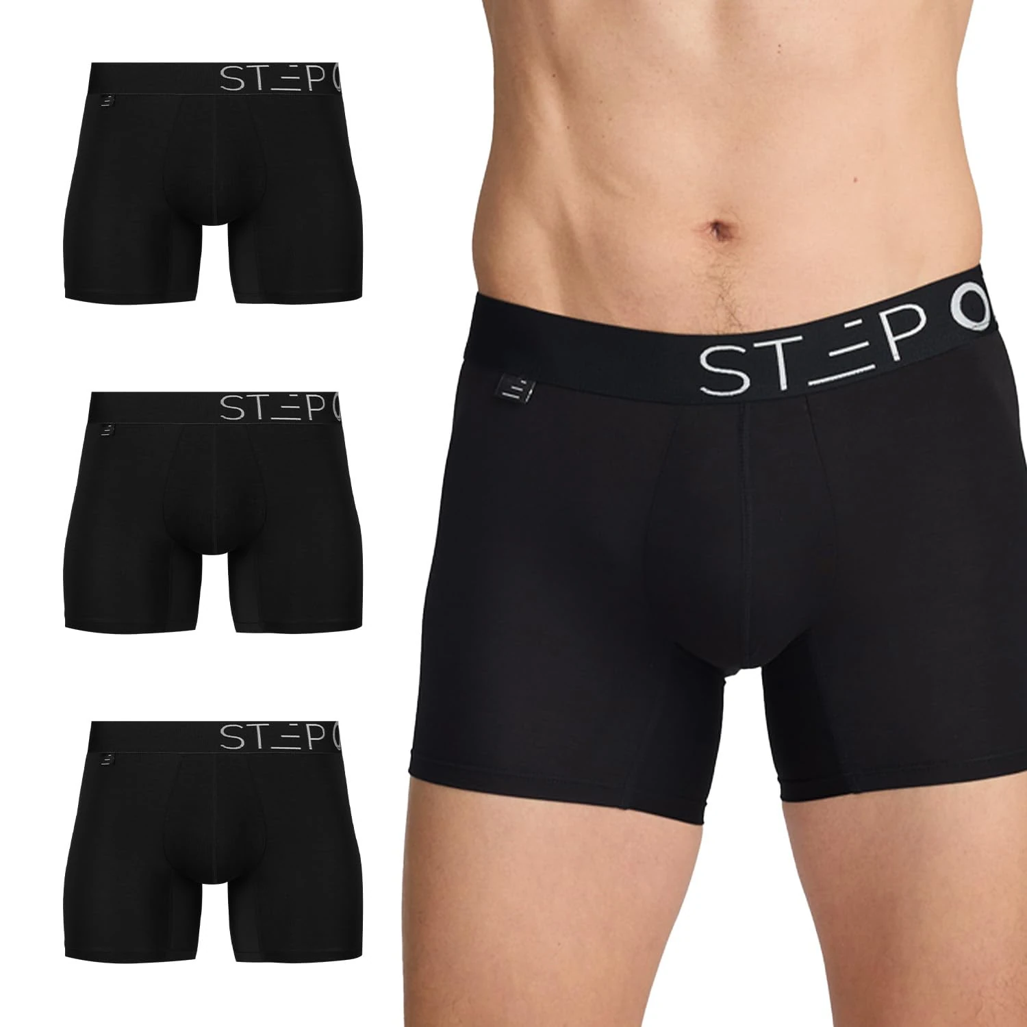 STEP ONE Mens Underwear Trunk Briefs, 3 Pairs, Underwear for Men, Moisture Wicking, 3D Pouch + No Ride Up Trunk Briefs Made from Organic Bamboo Black S