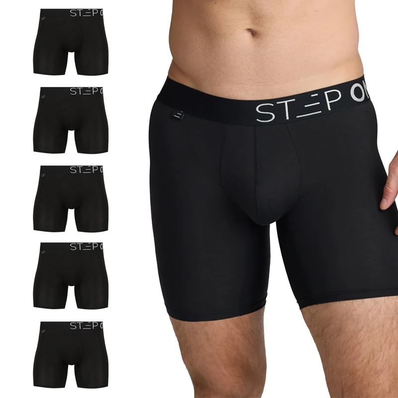 STEP ONE Bamboo Boxers Mens 5 Pack, Anti Chafing Underwear with 3D Pouch, Breathable Moisture Wicking Boxer Shorts for Men, No Ride Up Boxers for Sports & Daily Comfort Black 4X-Large