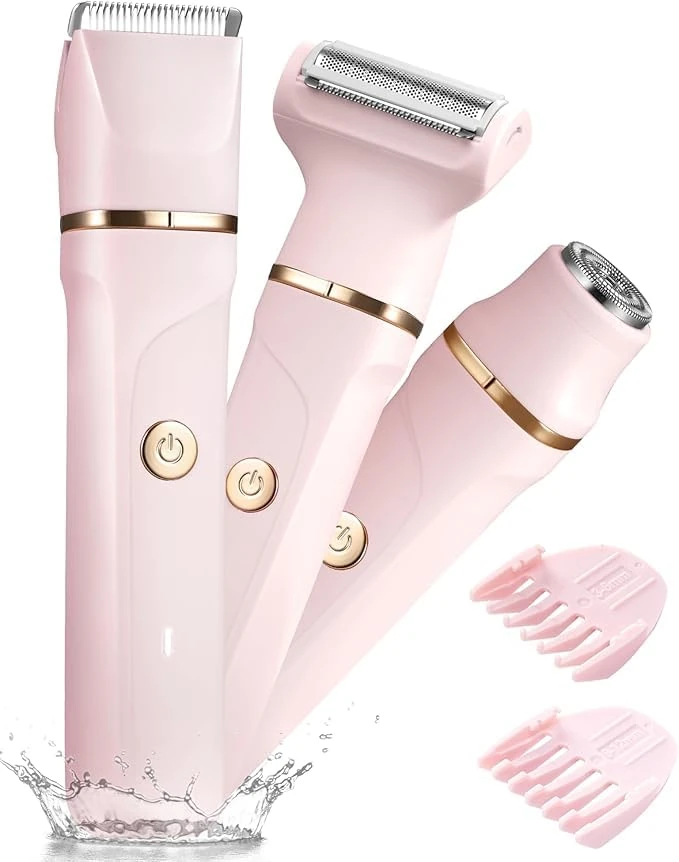 Bikini Trimmer Women - 3 in 1 Painless Lady Shavers for Women for Silk Skin,Rechargeable Electric Shaver for Bikinis Legs Pubic Hair,Replaceable Ceramic Blade,IPX7 Waterproof Easy Cleaning,Pink