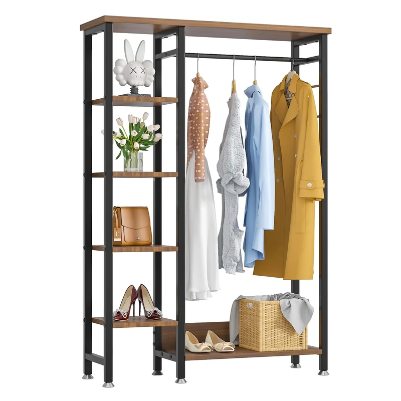 VECELO Free-Standing Garment Rack, Heavy Duty Coat Clothes Rail Rack with 5-Tier Storage Shelves and Hanging Rod for Bedroom Living Room Hallway Entryway, Easy Assembly