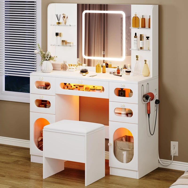 YITAHOME Dressing Table Vanity Desk with Mirror and Drawers, Dressing Table with Mirror and Stool, Vanity Table with Large Mirror and Lights Makeup Table with 5 Drawers Charging Station, White