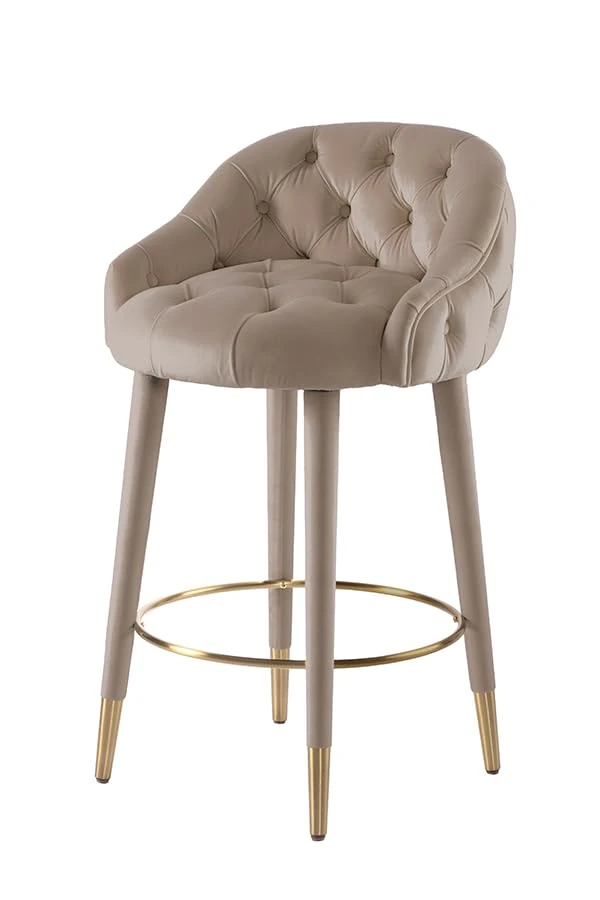 MY Furniture Sophia Counter stool - Taupe - Brass caps/Velvet Bar Stool - Buttoned Upholstery, Gold Accents, Metal Footrest, Luxe Design - Modern Counter Height Chair for Kitchen, Dining & Home Bar