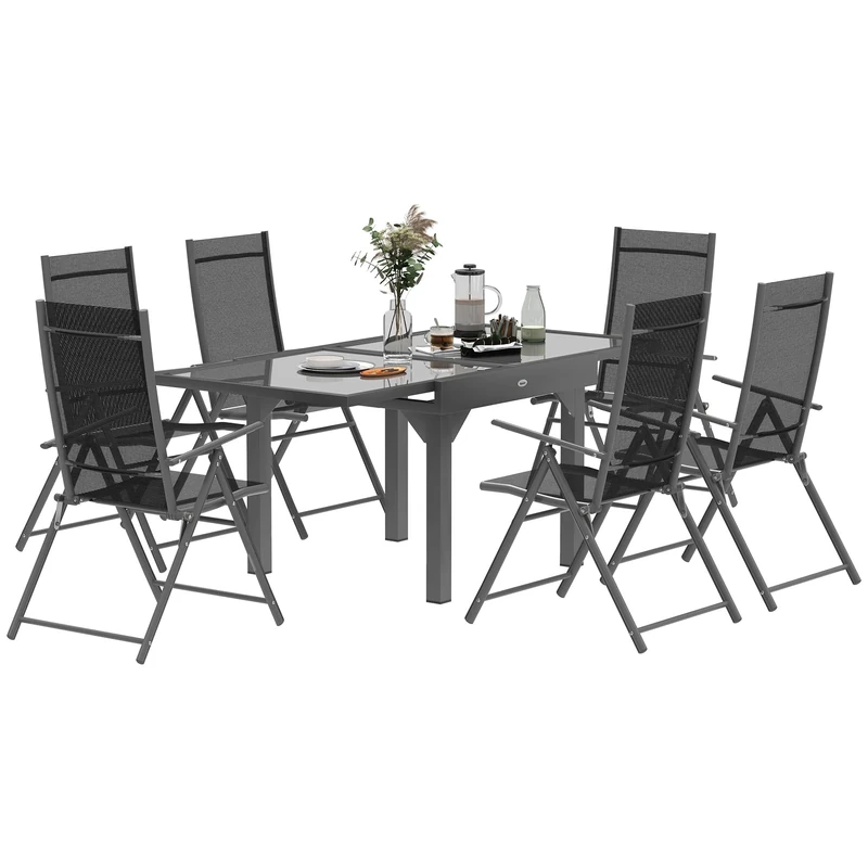 Outsunny 7 Piece Outdoor Dining Set with Extendable Table and 6 Folding Chairs, Garden Furniture Outdoor Conversation Set with 5mm Tempered Glass Top, All Weather Texteline for Patio, Terrace