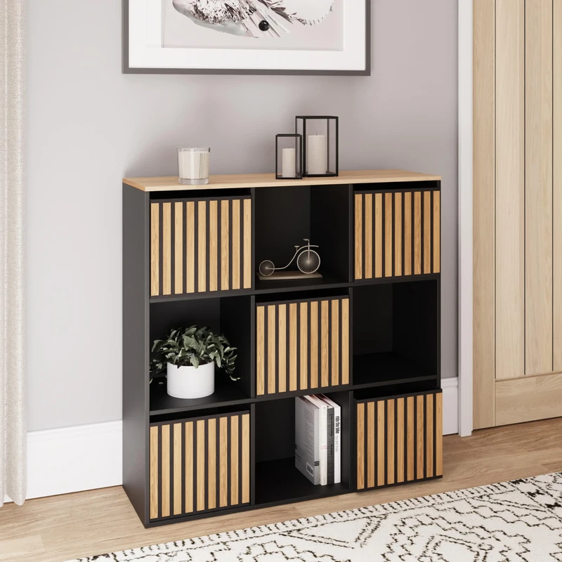 GFW Kube 3x3 Storage Sideboard Cabinet Shelf & Drawers Bedroom Living Black/Oak