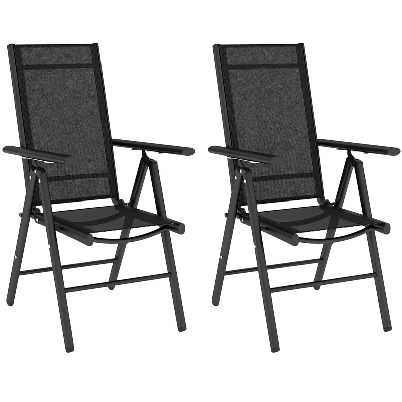 Outsunny Set of 2 Folding Garden Chairs, Aluminium Frame Outdoor Dining Chairs with Breathable Mesh Back and Seat, Garden Folding Chair Set with Armrests for Balcony, Black